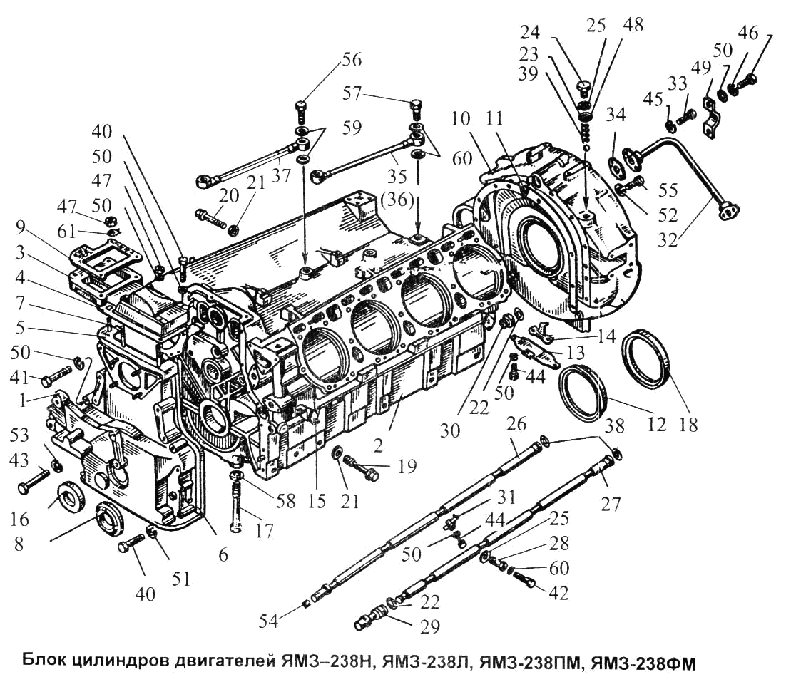 YAMZ-238Н, YAMZ-238L, YAMZ-238PМ, YAMZ-238FМ engines cylinder block