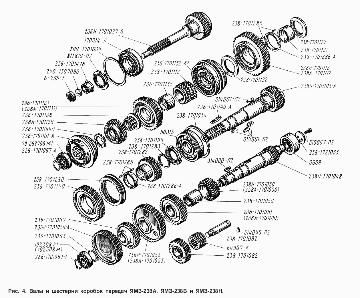 YAMZ-238А, YAMZ-238B and YAMZ-238Н gearboxes shafts and gears