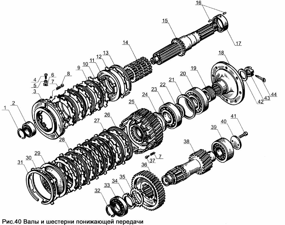 Downshifting shafts and gears