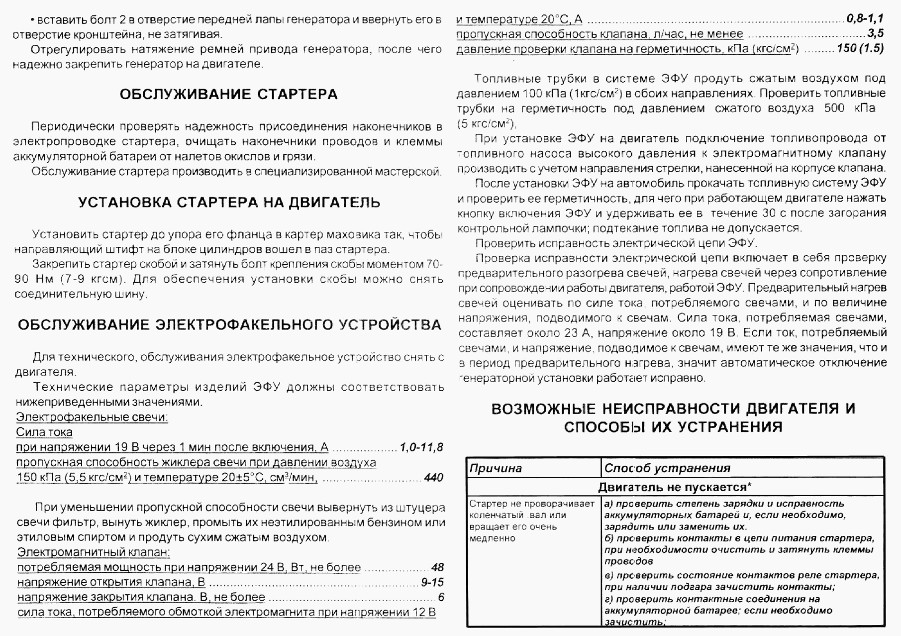 Generator mounting on the engine. Starter service. Starter mounting on the engine. Electric torch device service. Possible engine failures and methods of its clearing.