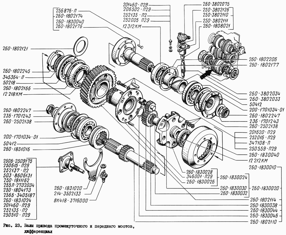 Intermediate and front axles drive shafts, differential