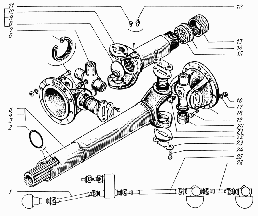 Front, intermediate and rear axles cardan shaft