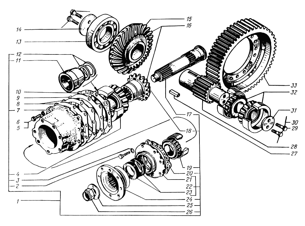 Front axle main gear reductor (shafts and gears)