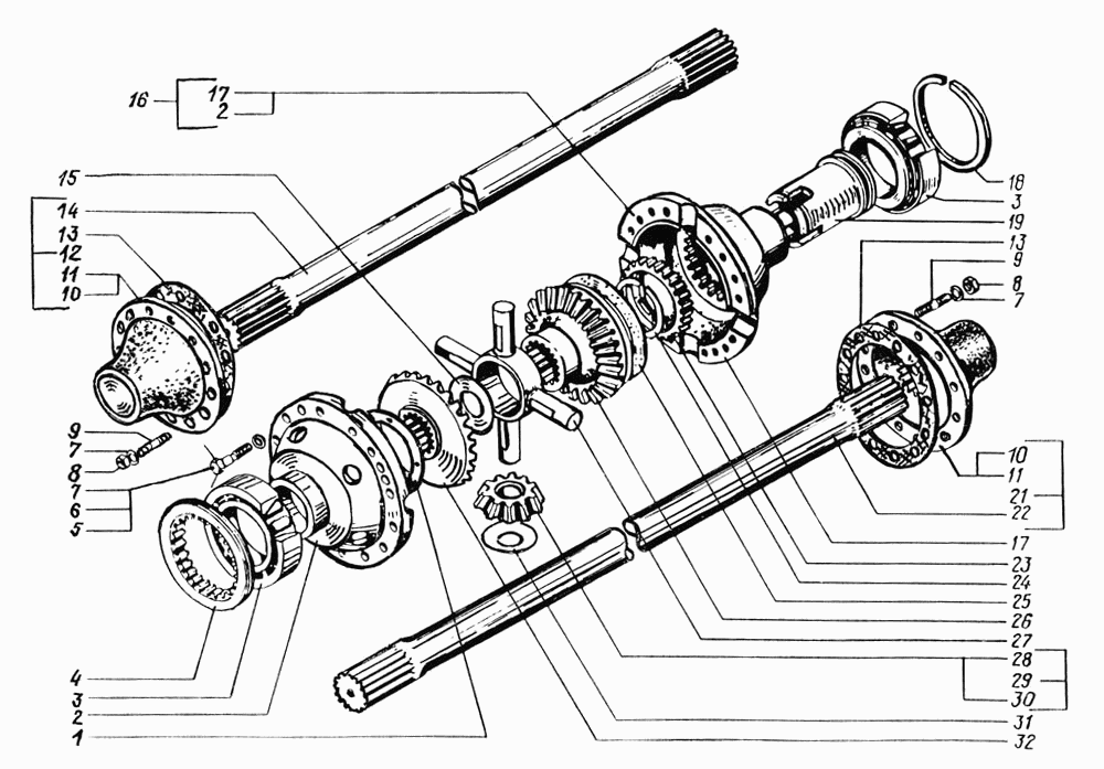 Rear axle and rear semiaxis cross-axle differential