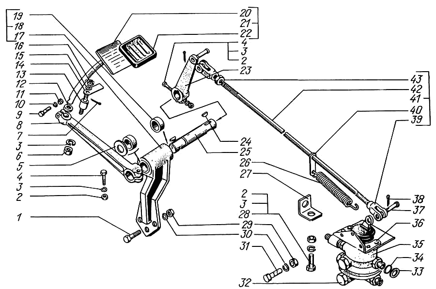 Brake pedal and. two-section brake valve drive