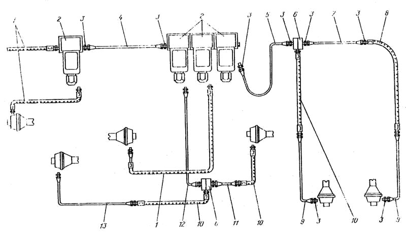 Air piping of the transfer case, power take off and axles differentials locking control 