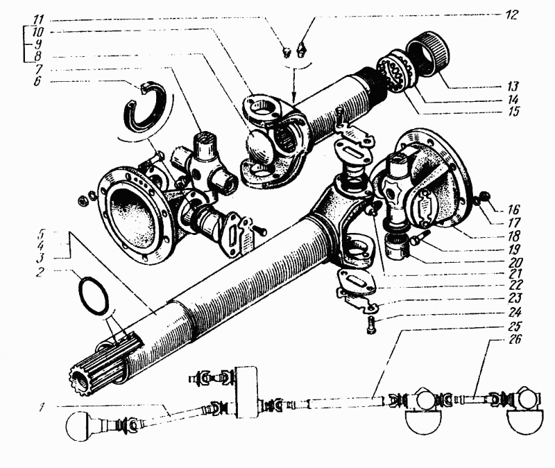 Front, intermediate and rear axles drive cardan shafts