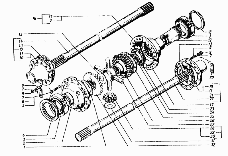 Cross-axle differential and rear axle semiaxes