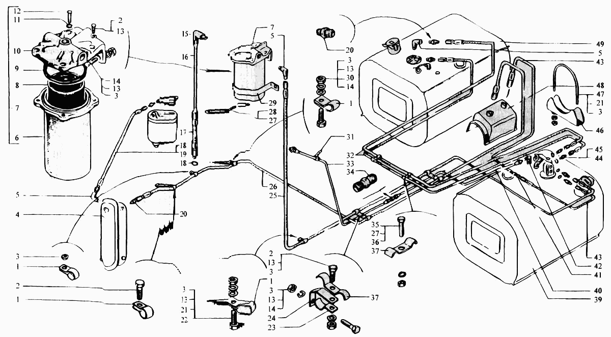 Fuel tanks. Fuel pipes. Fuel coarse purification filter