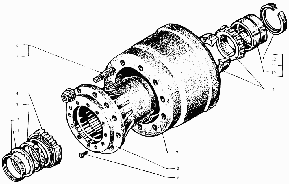 Front axle hub with brake drum