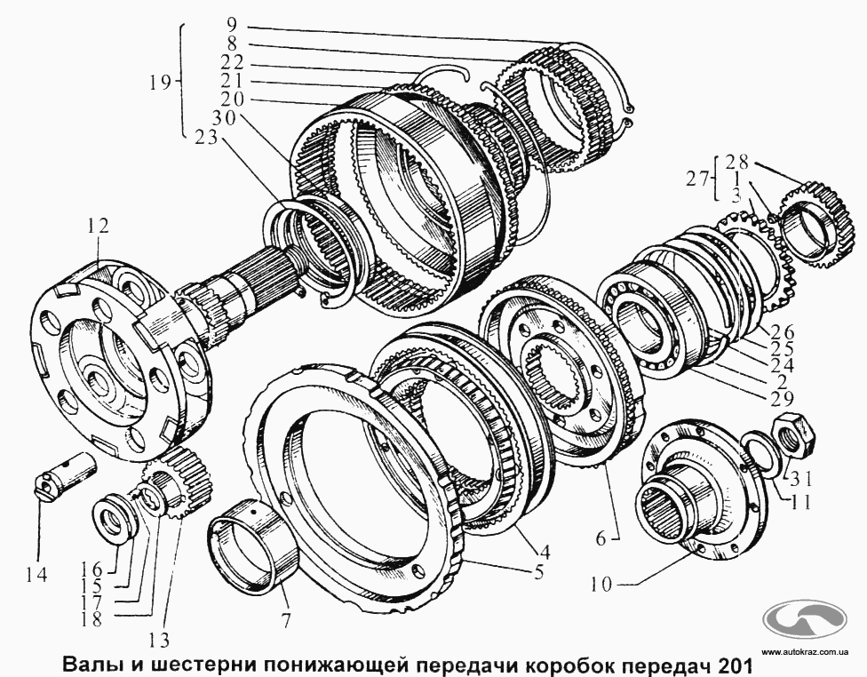 Валы и шестерни понижающей передачи коробок передач 201.