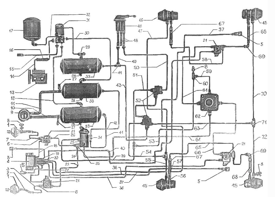 Воздухопроводы и аппараты тормозной системы автомобиля КрАЗ-65055