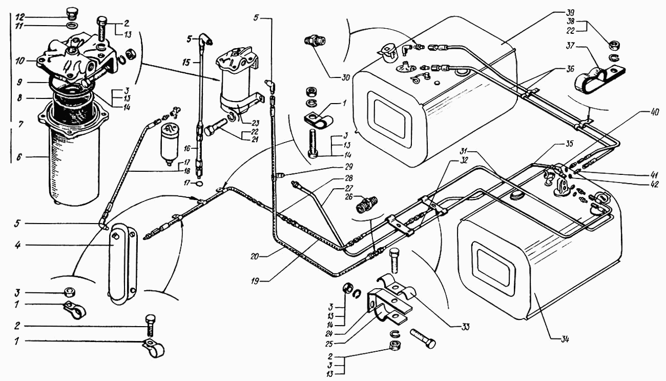 Топливные баки, топливопроводы и фильтр грубой очистки топлива автомобиля краз-64431