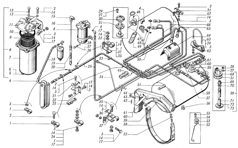 Топливный бак, топливопроводы и фильтр грубой очистки топлива автомобиля КрАЗ-651001